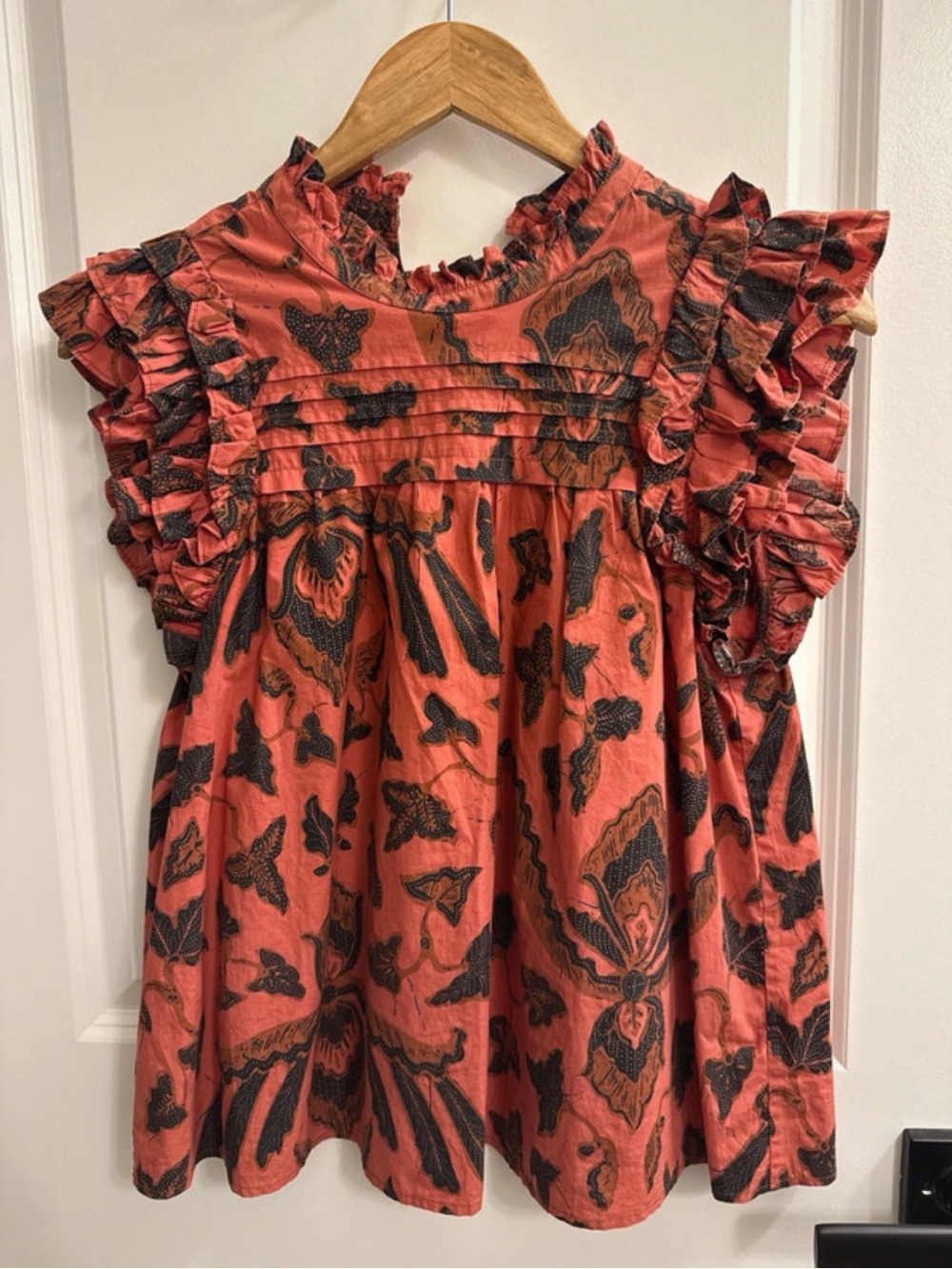 Ulla Johnson Coral & Black Ruffle Sleeve Printed Blouse